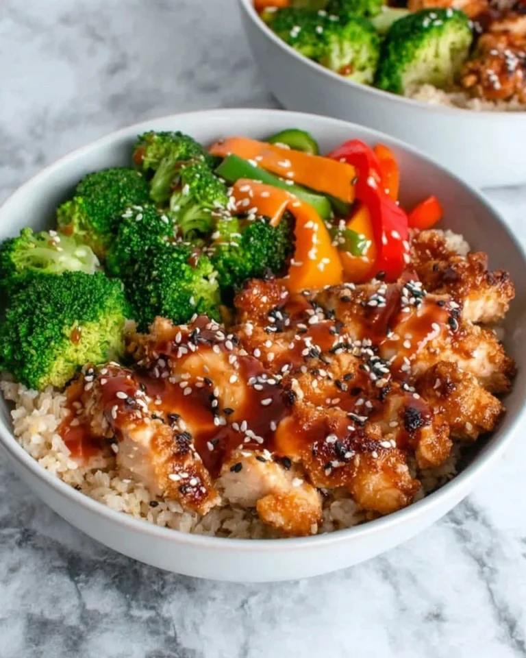 Healthy Sticky Chicken Bowls served with tender glazed chicken, brown rice, broccoli, bell peppers, and sesame seeds in a white bowl for a quick and healthy dinner recipe.
