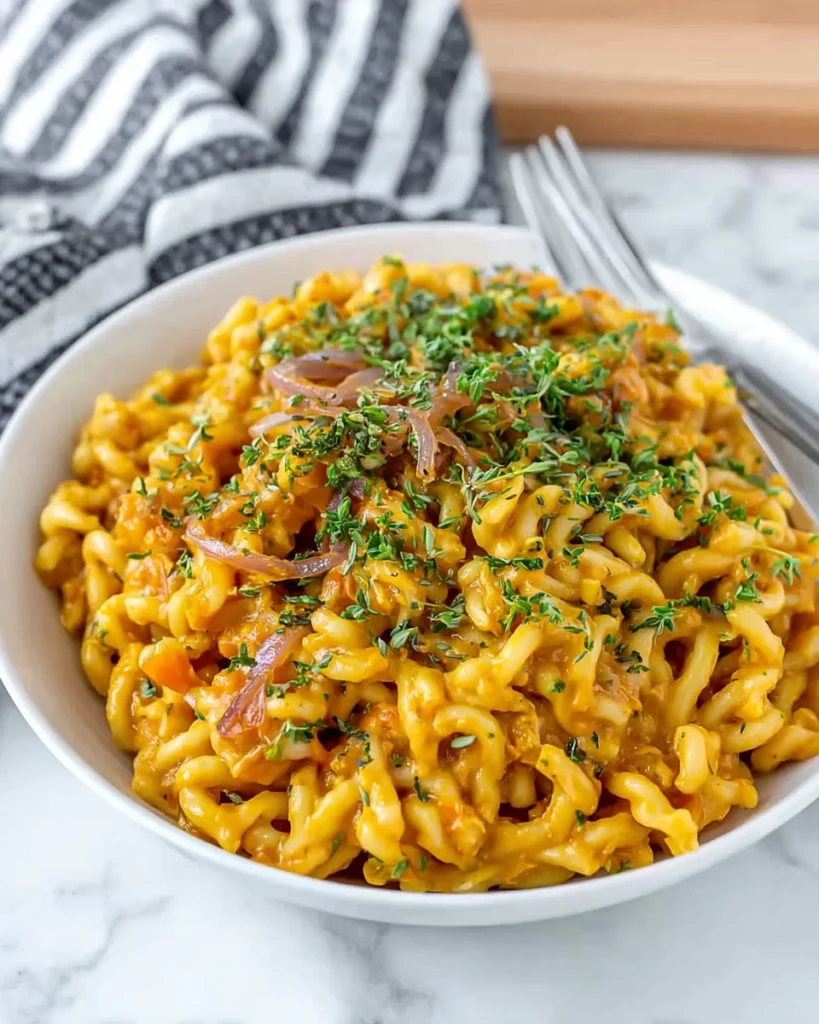 A bowl of pasta coated in smooth pumpkin pasta sauce, made with pumpkin puree, caramelized onion, garlic, and thyme, served on a white marble counter.