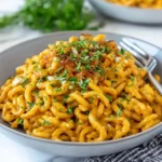 A bowl of pasta coated in smooth pumpkin pasta sauce, made with pumpkin puree, caramelized onion, garlic, and thyme, served on a white marble counter.