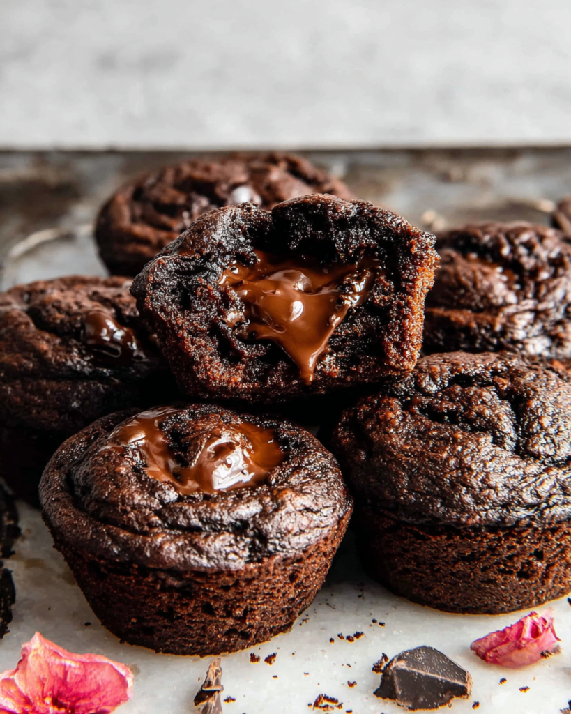 Double Chocolate Muffins with gooey chocolate fudge centers arranged on a white marble kitchen counter, with one muffin cut open to show the rich chocolate filling.