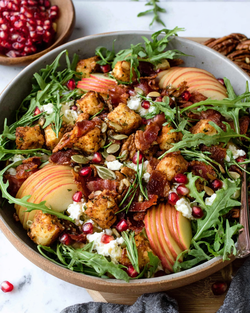 Autumn Harvest Honeycrisp Apple and Feta Salad with crisp apple slices, crumbled feta, pomegranate arils, avocado, arugula, crispy prosciutto, and maple-spiced pecans on a white marble counter.