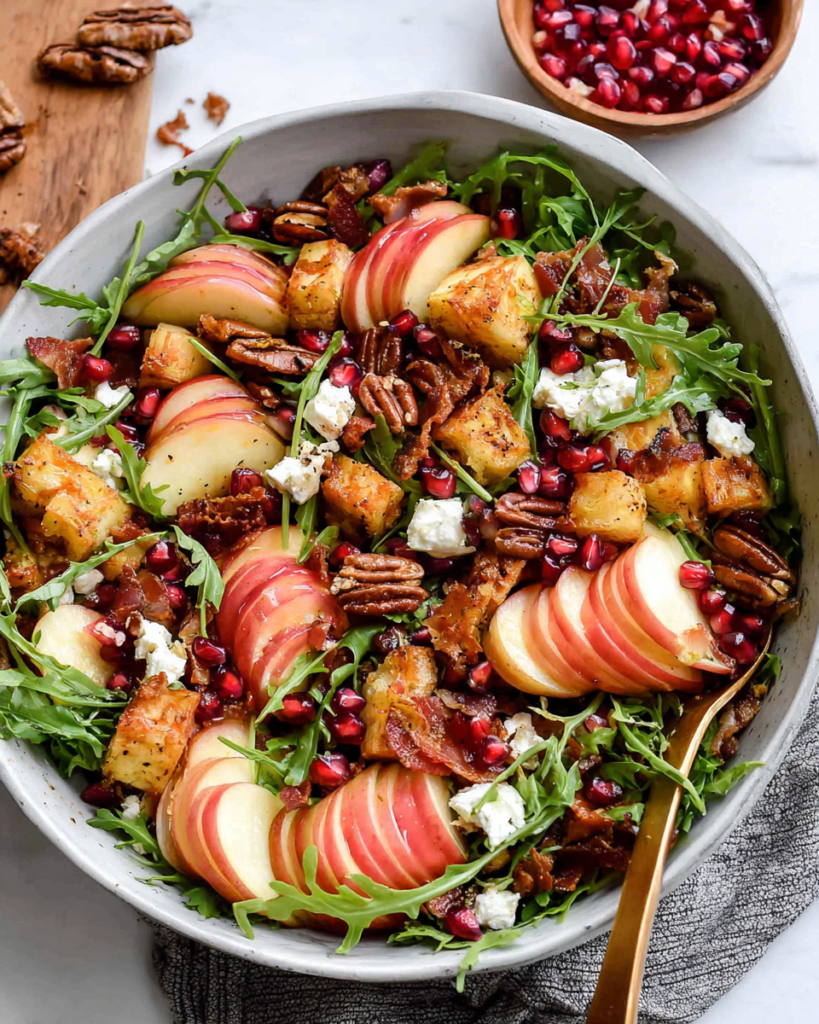 Autumn Harvest Honeycrisp Apple and Feta Salad with crisp apple slices, crumbled feta, pomegranate arils, avocado, arugula, crispy prosciutto, and maple-spiced pecans on a white marble counter.