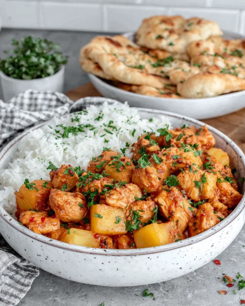 Creamy Butternut Squash Butter Chicken served in a bowl with tender chicken, cubed butternut squash, creamy golden coconut sauce, fresh cilantro, white rice, and naan on a white marble kitchen counter.