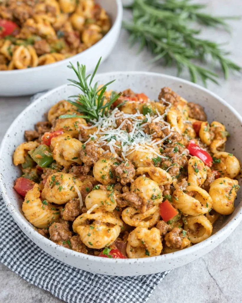 A bowl of creamy beef pumpkin pasta with tender short-cut pasta, seasoned ground beef, pumpkin sauce, fresh rosemary, garlic, mascarpone, and grated Parmesan, served on a white marble kitchen counter.