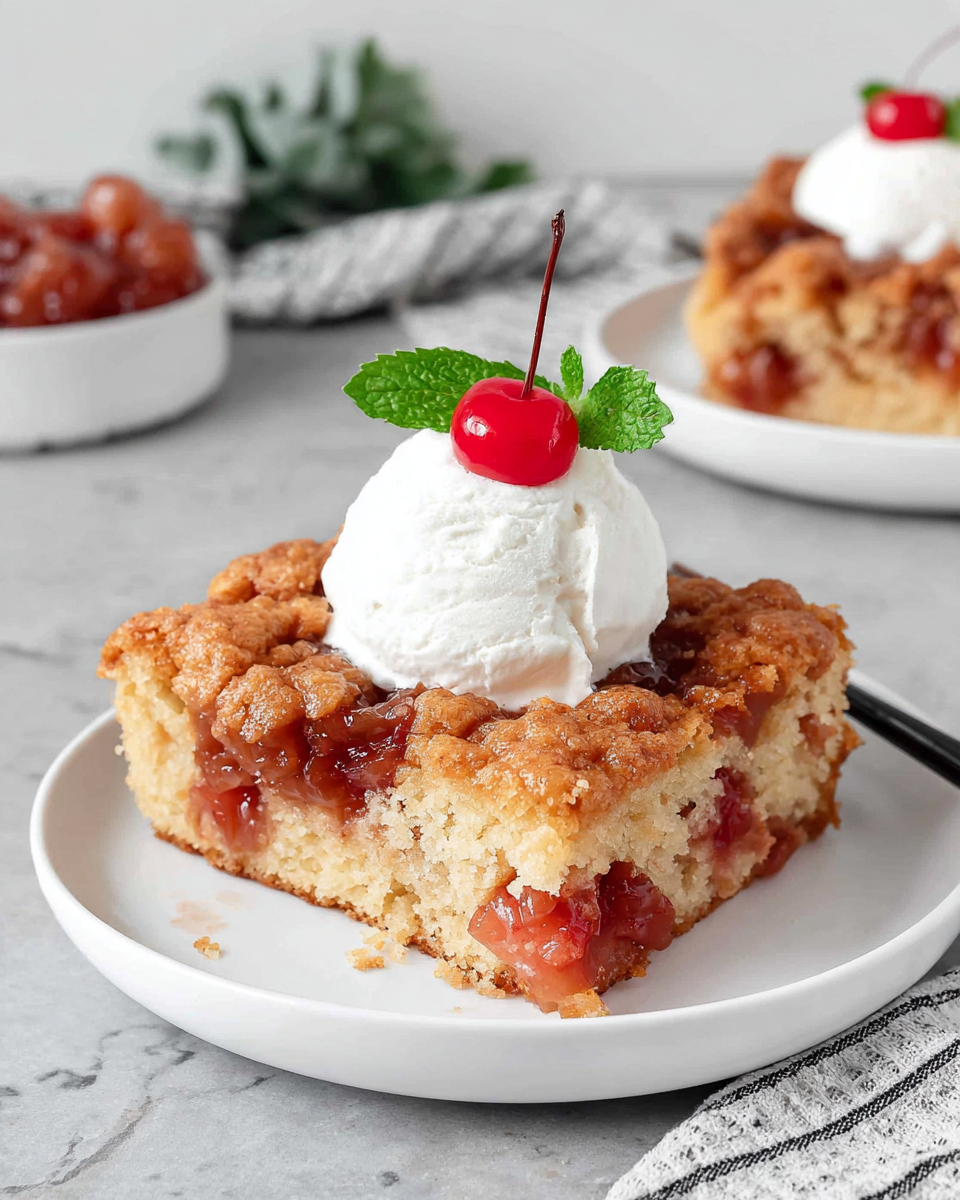 A warm slice of Dolly Parton's fruit cocktail cake with a golden crunchy top and soft fruity center, served on a white plate with a scoop of vanilla ice cream.