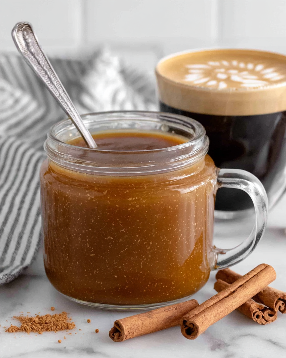 A glass jar of homemade pumpkin spice coffee syrup beside a cup of coffee on a white marble kitchen counter, with pumpkin puree, cinnamon, and warm fall spices nearby in natural window light.
