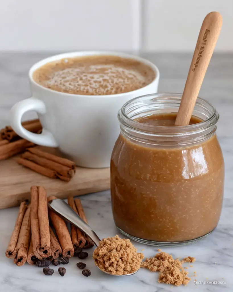 A glass jar of homemade pumpkin spice coffee syrup beside a cup of coffee on a white marble kitchen counter, with pumpkin puree, cinnamon, and warm fall spices nearby in natural window light.