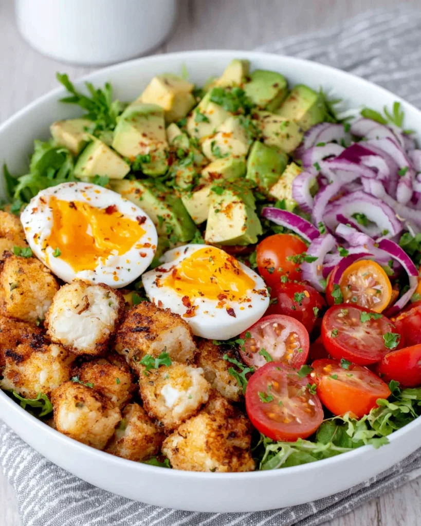 Workout Egg Avocado Salad served on a white marble counter, featuring jammy soft-boiled eggs with golden yolks, creamy avocado cubes, cherry tomatoes, sliced red onion, fresh cilantro, and red pepper flakes in a colorful homemade salad.