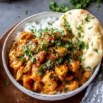 Creamy Butternut Squash Butter Chicken served in a bowl with tender chicken, cubed butternut squash, creamy golden coconut sauce, fresh cilantro, white rice, and naan on a white marble kitchen counter.