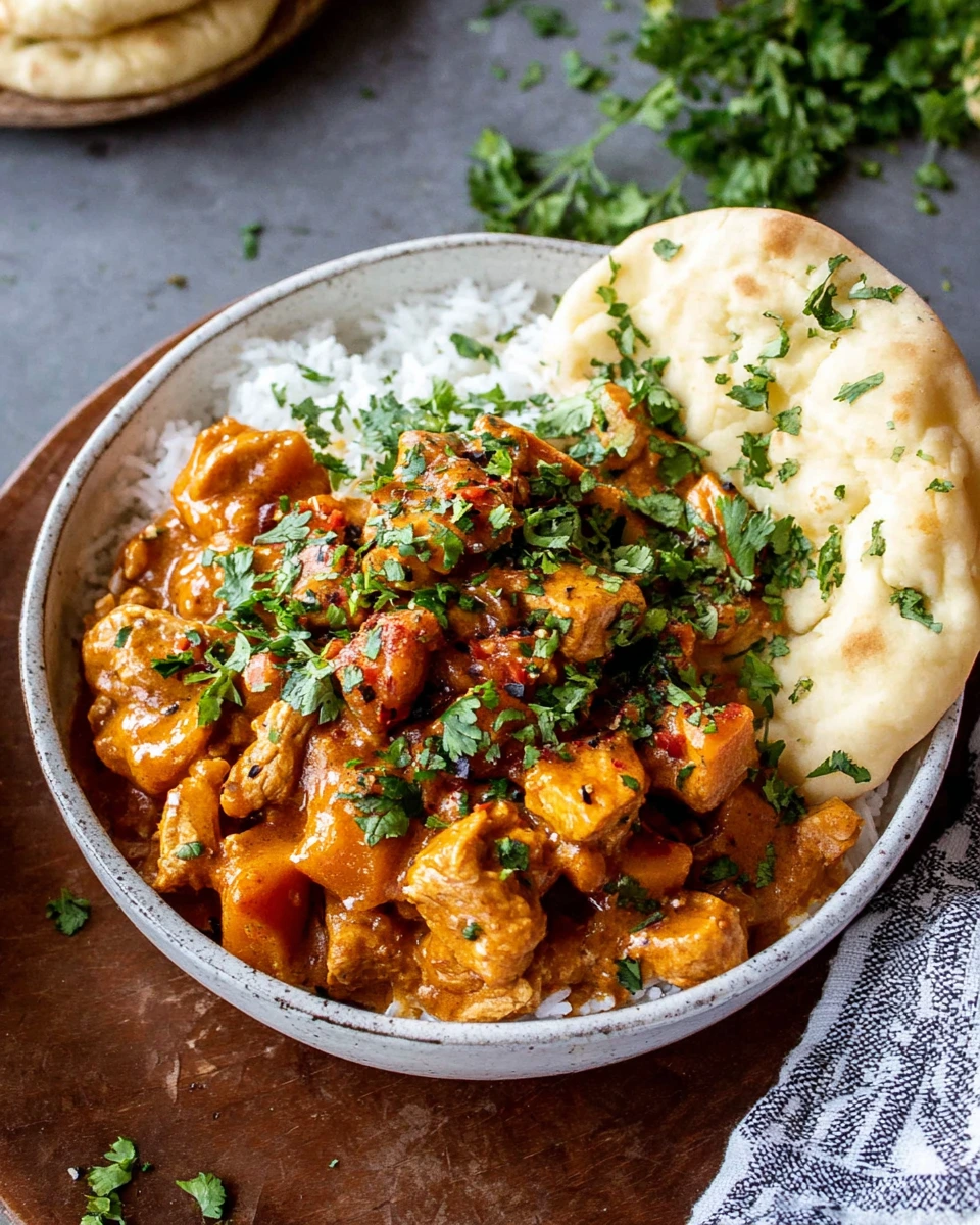 Creamy Butternut Squash Butter Chicken served in a bowl with tender chicken, cubed butternut squash, creamy golden coconut sauce, fresh cilantro, white rice, and naan on a white marble kitchen counter.