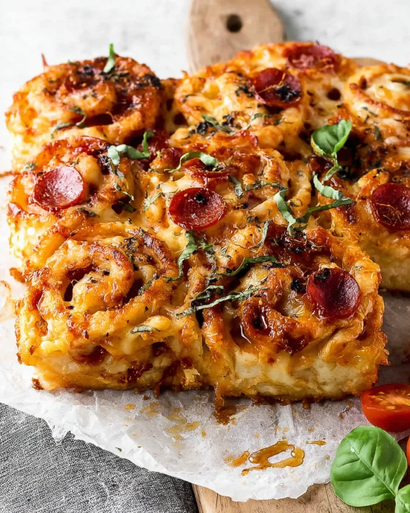 Golden brown hot honey pepperoni pizza rolls filled with melted mozzarella, provolone, cheddar, pepperoni, marinara sauce, and fresh basil, served on a white plate.