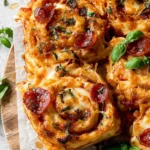 Golden brown hot honey pepperoni pizza rolls filled with melted mozzarella, provolone, cheddar, pepperoni, marinara sauce, and fresh basil, served on a white plate.