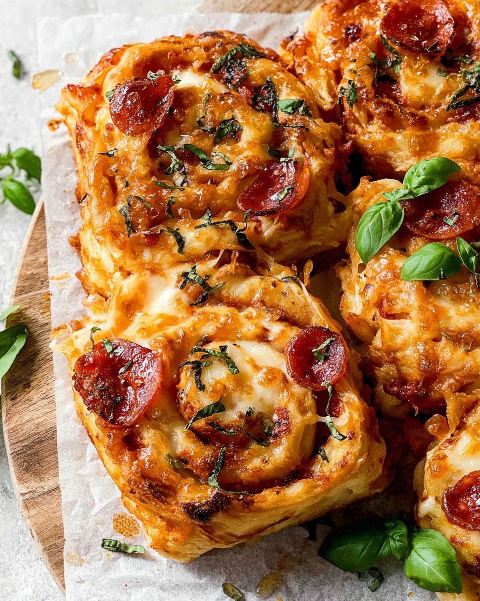 Golden brown hot honey pepperoni pizza rolls filled with melted mozzarella, provolone, cheddar, pepperoni, marinara sauce, and fresh basil, served on a white plate.