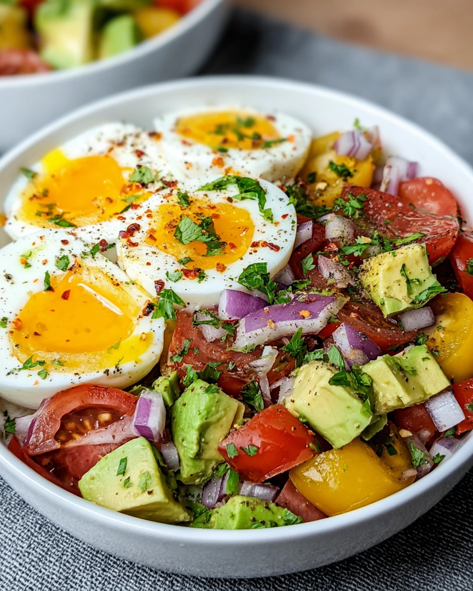 Workout Egg Avocado Salad served on a white marble counter, featuring jammy soft-boiled eggs with golden yolks, creamy avocado cubes, cherry tomatoes, sliced red onion, fresh cilantro, and red pepper flakes in a colorful homemade salad.