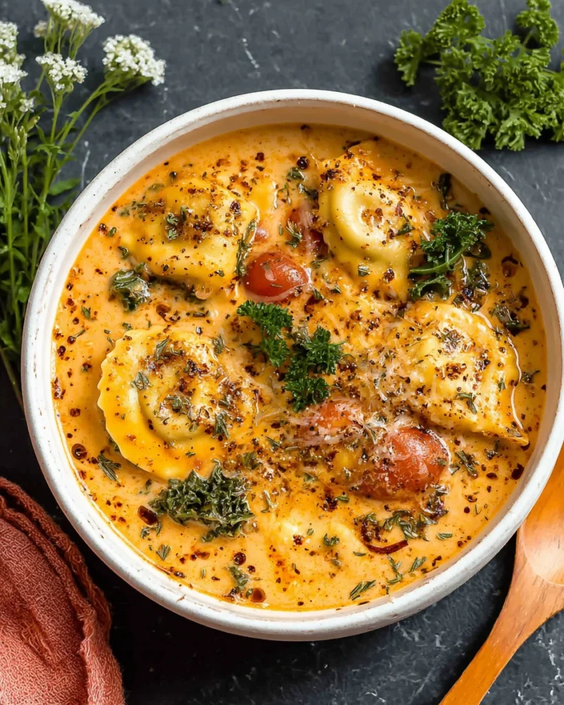 A bowl of creamy Cozy Tuscan Ravioli Soup with tender cheese and spinach ravioli, cherry tomatoes, kale, and Parmesan on a white marble kitchen counter.