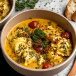 A bowl of creamy Cozy Tuscan Ravioli Soup with tender cheese and spinach ravioli, cherry tomatoes, kale, and Parmesan on a white marble kitchen counter.