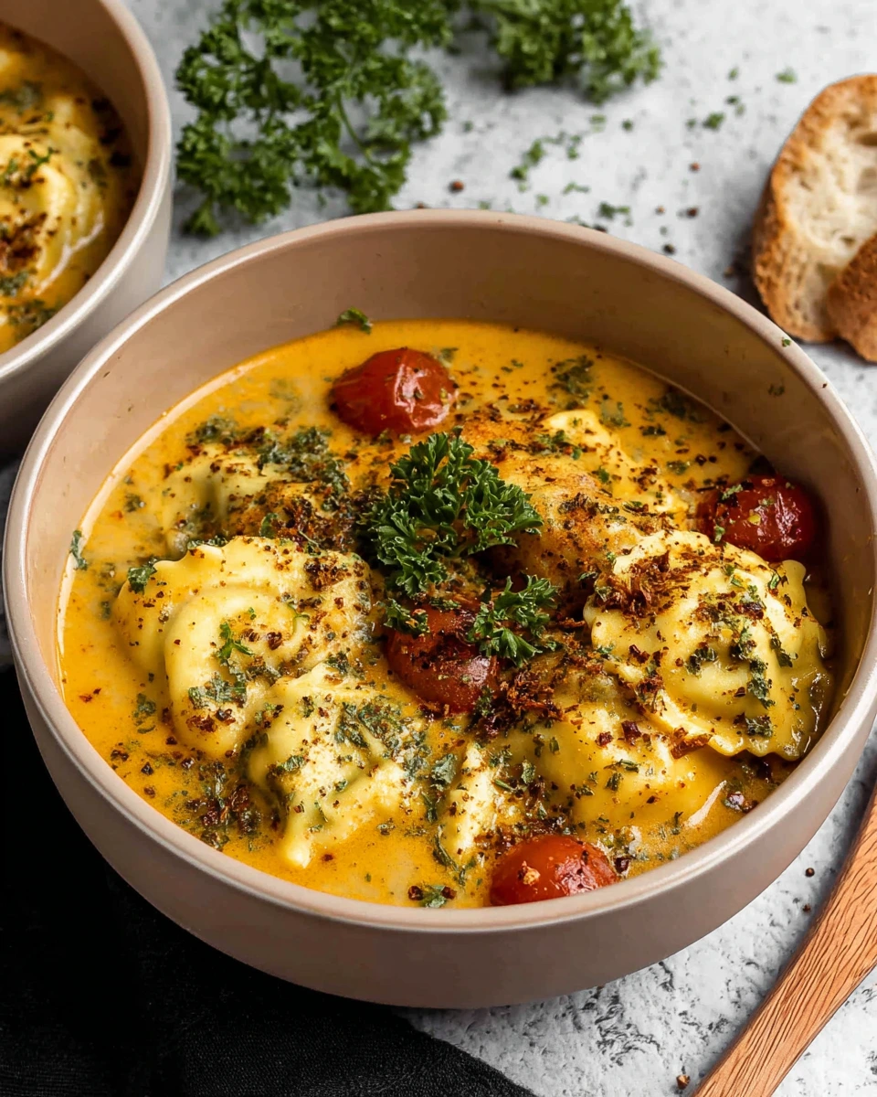 A bowl of creamy Cozy Tuscan Ravioli Soup with tender cheese and spinach ravioli, cherry tomatoes, kale, and Parmesan on a white marble kitchen counter.