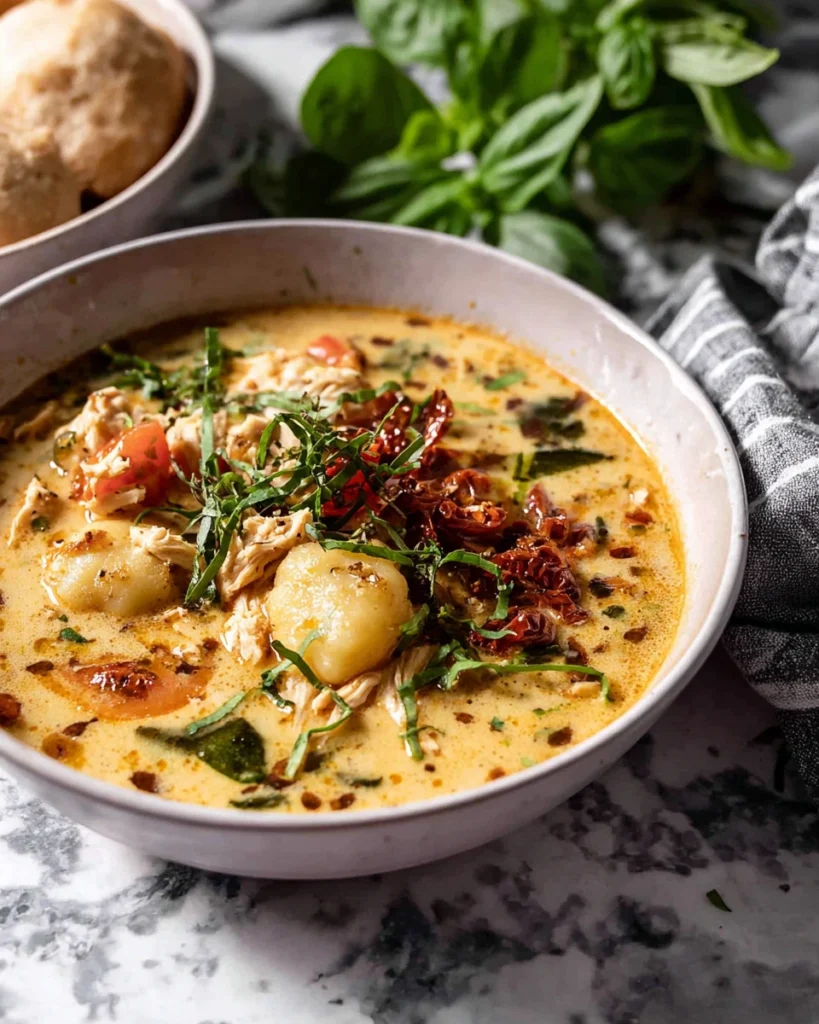 A bowl of creamy Marry Me Chicken Gnocchi Soup with tender shredded chicken, potato gnocchi, spinach, sun-dried tomatoes, and Parmesan in a rich broth, served on a white marble kitchen counter with natural window light.