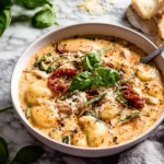 A bowl of creamy Marry Me Chicken Gnocchi Soup with tender shredded chicken, potato gnocchi, spinach, sun-dried tomatoes, and Parmesan in a rich broth, served on a white marble kitchen counter with natural window light.