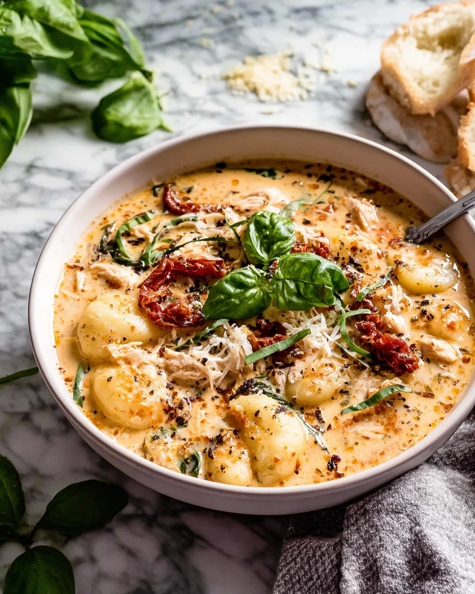 A bowl of creamy Marry Me Chicken Gnocchi Soup with tender shredded chicken, potato gnocchi, spinach, sun-dried tomatoes, and Parmesan in a rich broth, served on a white marble kitchen counter with natural window light.