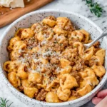 A bowl of creamy beef pumpkin pasta with tender short-cut pasta, seasoned ground beef, pumpkin sauce, fresh rosemary, garlic, mascarpone, and grated Parmesan, served on a white marble kitchen counter.