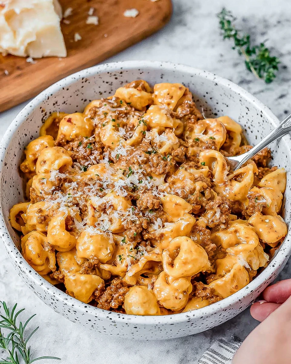 A bowl of creamy beef pumpkin pasta with tender short-cut pasta, seasoned ground beef, pumpkin sauce, fresh rosemary, garlic, mascarpone, and grated Parmesan, served on a white marble kitchen counter.